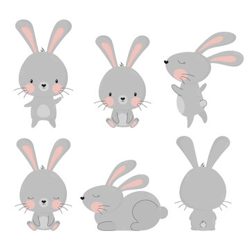Big set of cute grey hand drawn bunnies