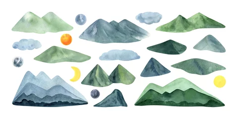 Foto auf Acrylglas Berge Handgezeichnete Aquarellsommerblaue und grüne Berge mit Sonne und Wolken