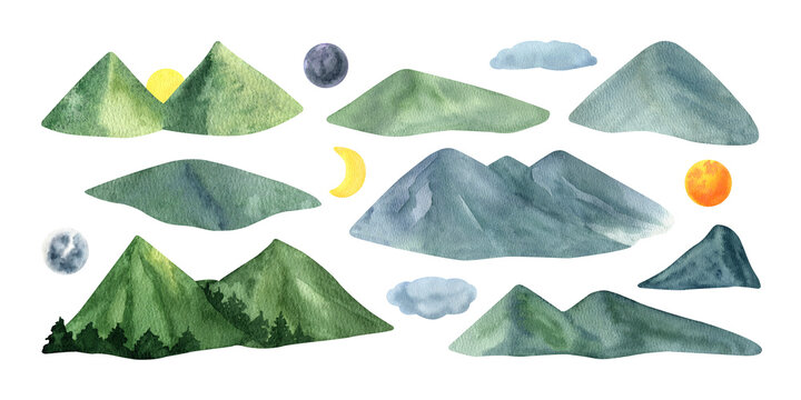 Hand drawn watercolor summer blue and green mountains with sun and clouds