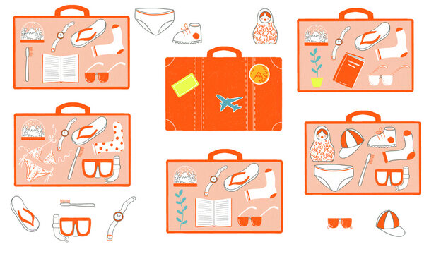 Illustrated luggage and suitcases with a variety of objects and souvenirs