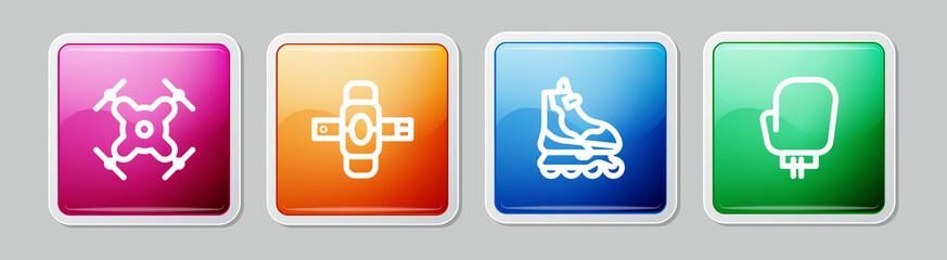 Fototapeta premium Set line Drone flying, Knee pads, Roller skate and Boxing glove. Colorful square button. Vector