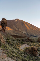 Rogues de Garcia hiking trail with Teide volcano in the background. The famous rock formation is called Gods finger.