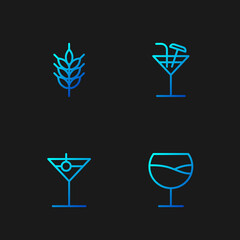 Set line Wine glass, Martini, Hop and Cocktail. Gradient color icons. Vector