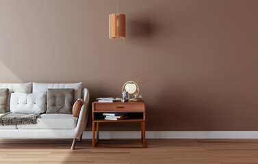 Mockup wall with armchair in living room with a brown wall..modern living room with sofa. scandinavian interior design furniture..sofa chair and plants with brown wall. copy space. 3D rendering.