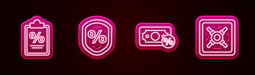 Set line Finance document, Loan percent, Money and Safe. Glowing neon icon. Vector