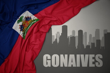 abstract silhouette of the city with text Gonaives near waving national flag of haiti on a gray background. 3D illustration