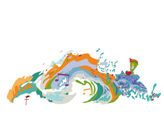 Abstract musical design with a treble clef and colorful splashes, notes and waves. Colorful treble clef. Hand drawn vector illustration.