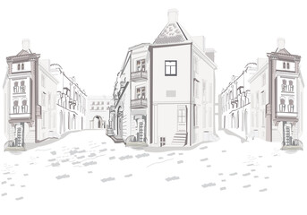 Series of street views in the old city. Hand drawn vector architectural background with historic buildings. - 515004145