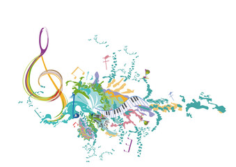 Fototapeta premium Abstract musical design with a treble clef and colorful splashes, notes and waves. Colorful treble clef. Hand drawn vector illustration.