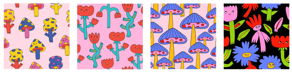 set of vector psychedelic seamless patterns with hippie flowers.1970 good vibes and daisy flower characters.Funky and groovy floral ornament collection.Vibrant square textile with flowers dudes