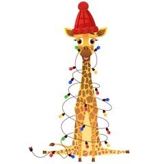 Giraffe in a red hat is wrapped in a garland lights. Drawn in cartoon style