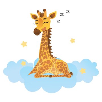 Giraffe sleeps sitting in the clouds and stars.. Vector illustration for designs, prints and patterns. Cartoon
