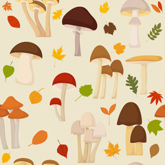 autumn leaves, mushrooms seamless pattern in flat design vector