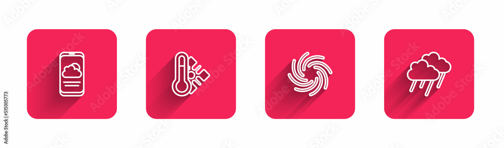 Sticker Set line Weather forecast, Meteorology thermometer, Tornado and Cloud with rain with long shadow. Red square button. Vector