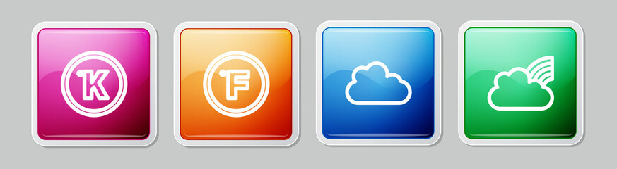 Set line Kelvin, Fahrenheit, Cloud and Rainbow with clouds. Colorful square button. Vector