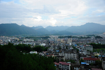 Fototapeta premium The city of Lishui in Yunhe county with mountains in the background in zhejiang province china.