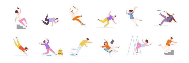 Fototapeta na wymiar Falling injury. Accident of fall stairs people, accidently drop man prevention emergency slide ladder person moving on slip floor beware failure risk, splendid vector illustration