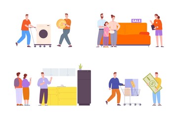 Furniture buyers. Sale appliances or apartment furnitures, people with cart in interior shop, exchange home decoration customer buying sofa credit money price vector illustration