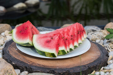 Sliced red watermelon with seeds on a white platter on a stump. - 515006935