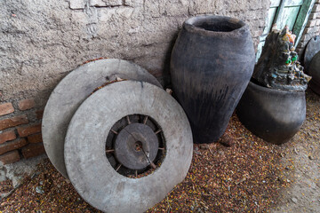 Close up of old antique pottery wheel in Maharashtra, India