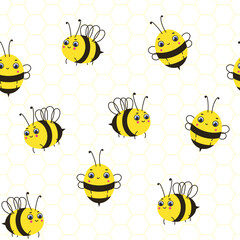 Cute bees on a background with honeycombs