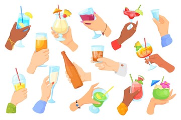 Hands cheers alcohol drinks. Hand hold alcohol drink for celebration toast, beer whiskey glass wine vodka whisky bottle cheering beverage alcoholic party, neat vector illustration
