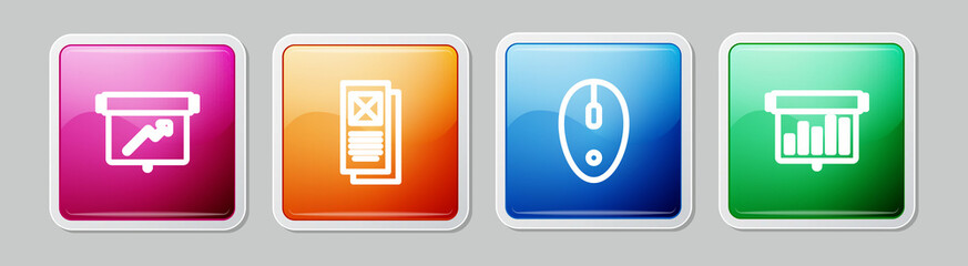 Set line Board with graph chart, Browser window, Computer mouse and . Colorful square button. Vector