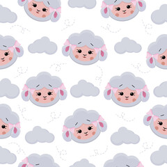 seamless pattern with cute lambs and clouds