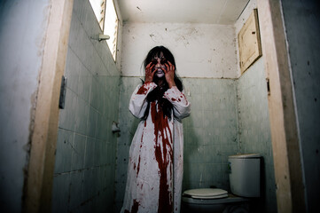 Portrait of asian woman make up ghost,Scary horror scene for background,Halloween festival...
