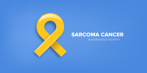 Sarcoma cancer awareness month concept horizontal banner design template with yellow ribbon and text isolated on blue background. July is Sarcoma cancer awareness month vector flyer or poster