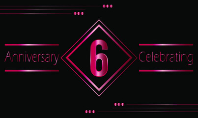 6 years anniversary celebration with ruby frame isolated on black background. Vector for greeting card, birthday party, wedding and event party.