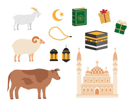 Eid al Adha Mubarak cartoon set. Traditional Muslim holiday.