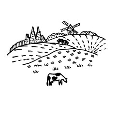 Cow in the meadow. Vector drawing.