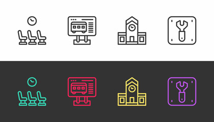 Set line Waiting room, Ticket office to buy tickets, Railway station and Repair railway on black and white. Vector