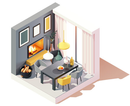 Vector isometric modern dining room with fireplace interior. Dining table with chairs, ceiling lights, fireplace. Low poly cross-section illustration