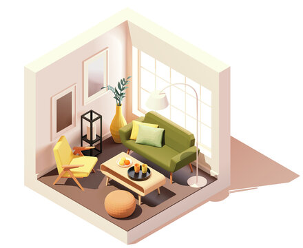 Vector isometric modern living room interior. Room with big window. Green couch with pillows, coffee table, floor lamp. Low poly cross-section