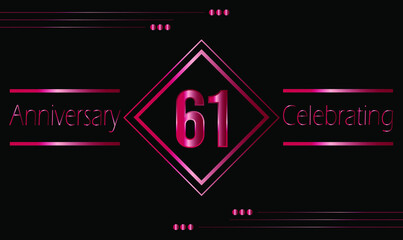 61 years anniversary celebration with ruby frame isolated on black background. Vector for greeting card, birthday party, wedding and event party.