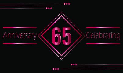 65 years anniversary celebration with ruby frame isolated on black background. Vector for greeting card, birthday party, wedding and event party.