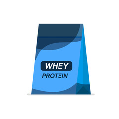 Whey protein package. Energy or nutritional food in trendy flat style. Sport and fitness supplements template. Vector illustration.