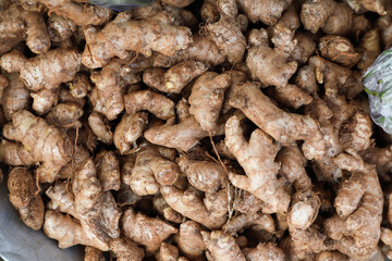 Fresh organic ginger on fresh market in India 
