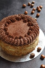 Chocolate hazelnut cake on the grey background