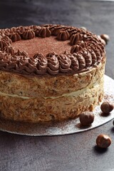 Chocolate hazelnut cake on the grey background