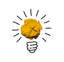 Good idea sign concept with paper light bulb isolated in white background. Crumpled paper ball with hand drawing.