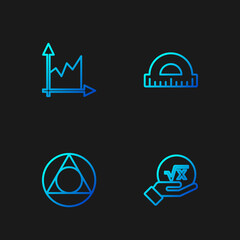 Set line Square root of x glyph, Triangle math, Graph, schedule, chart, diagram and Protractor. Gradient color icons. Vector