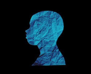 Human head silhouette with black background. People portrait with crumpled paper texture. Paper cut people from side angle.