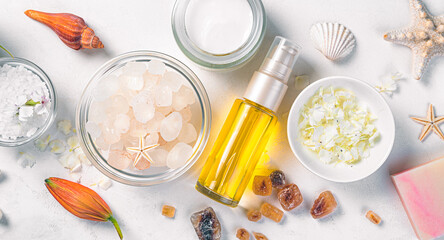 Spa composition with natural cosmetics on a light background. Top view, close-up.