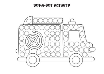 Dot a dot game for preschool kids. Cartoon fire truck.
