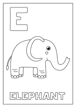 Learning English alphabet for kids. Letter E. Cute cartoon elephant.