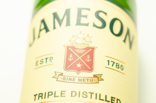 LONDON, UNITED KINGDOM -  FEBRUARY 04, 2022 Characteristic green bottle of Jameson Irish Whiskey distilled at the New Midleton Distillery in County Cork, Irland