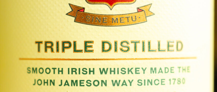 LONDON, UNITED KINGDOM -  FEBRUARY 04, 2022 Characteristic green bottle of Jameson Irish Whiskey distilled at the New Midleton Distillery in County Cork, Irland